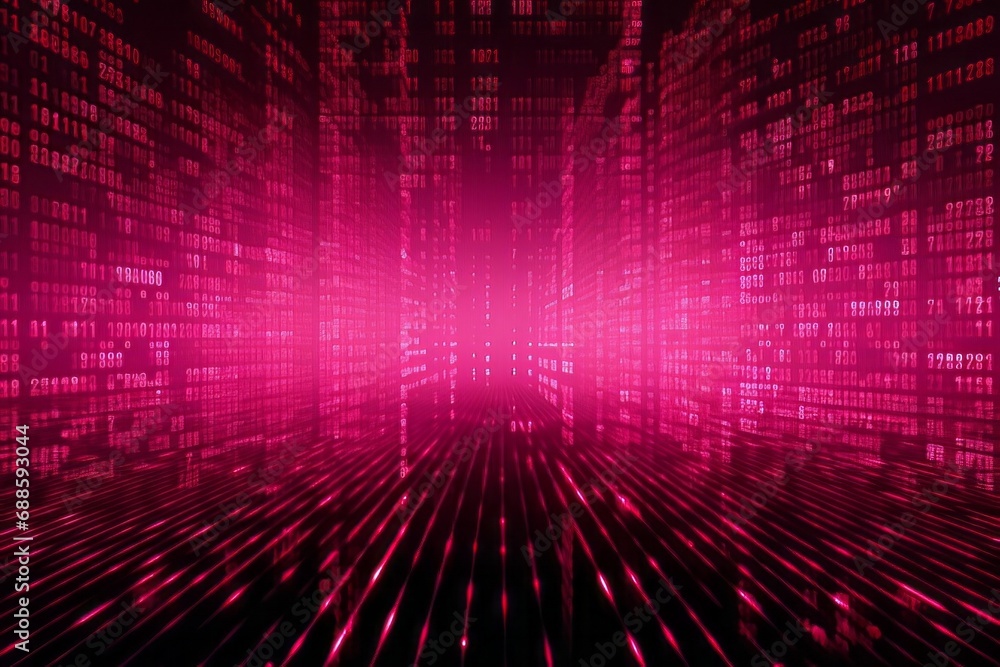 Pink digital binary data on computer screen background