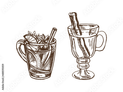 Hand-drawn sketch set of mugs with mulled wine. Vector food drawing. A warming drink. Traditional Christmas drink. Vintage cozy seasonal holidays. Good for menu.