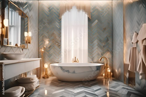 sleek grey marble bathroom with LED lighting, vanity, and freestanding tub