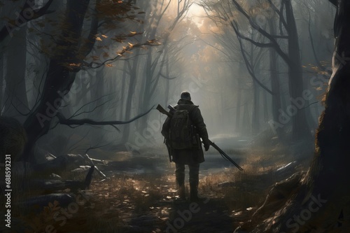 Equipped hunter in misty forest digital art. Archery weapon tracker searching for prey. Generate ai