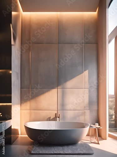 sleek grey marble bathroom with LED lighting, vanity, and freestanding tub