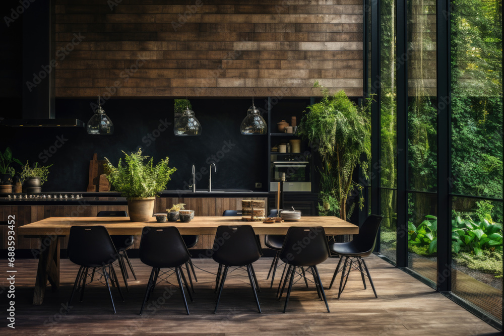 Stylish and botany interior of dining room with design craft wooden table, chairs, a lof of plants, big window and elegant accessories in modern home decor. - obrazy, fototapety, plakaty 