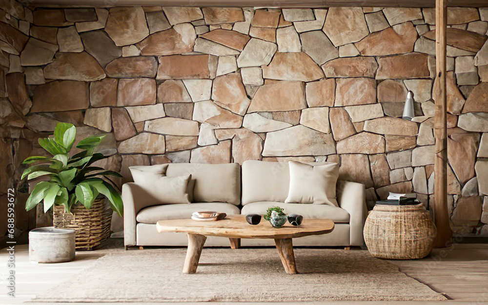 interior design living room of sofa, pillows on tiled floor stone wall decor paneling. Generative ai interior design living room of sofa, pillows on tiled floor stone wall decor paneling. Generative ai