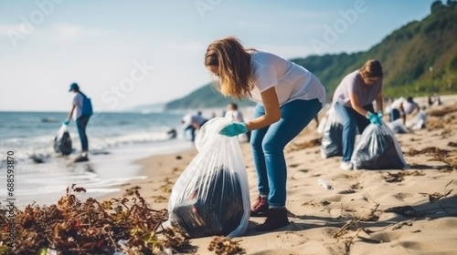 Group of Volunteers Cleaning Up Trash on a Beach