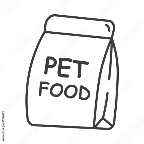 Element of pets themed set. This beautiful black and white illustration shows a package of pet food that is fortified with various vitamins and nutrients. Vector illustration.