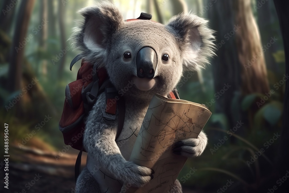 Koala hiker with map and backpack. Adorable gray creature exploring wild woodland. Generate ai - obrazy, fototapety, plakaty 