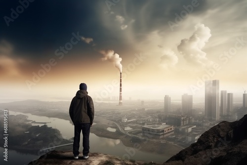 Human and air pollution, concept of future climate changes and industry development. Generative AI