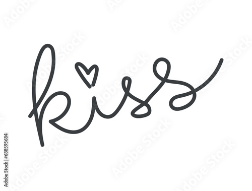 Element of Love themed set. In this minimalist picture, the central place is occupied by the inscription "kiss", which is drawn with a beautiful outline. Vector illustration.