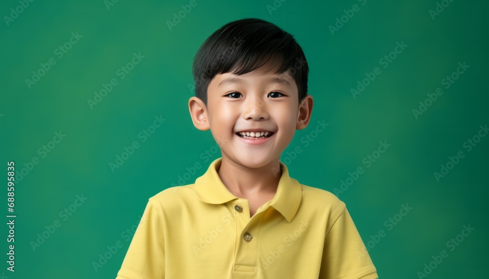 Portrait photo of an asian happy smiling boy posing on a green background Portrait photo of an asian happy smiling boy posing on a green background