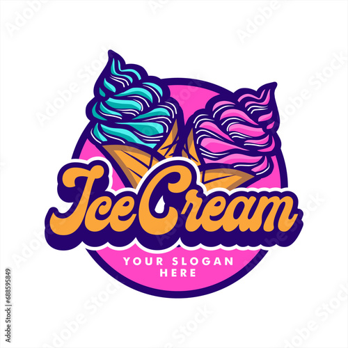 ice cream waffle cone logo icon, cartoon illustration for sticker and t shirt design isolated on white background