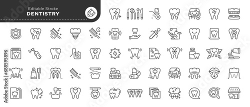 Set of line icons in linear style. Series - Dentistry and healthy teeth. Dental supplies, dental and oral care. Outline icon collection. Conceptual pictogram and infographic.