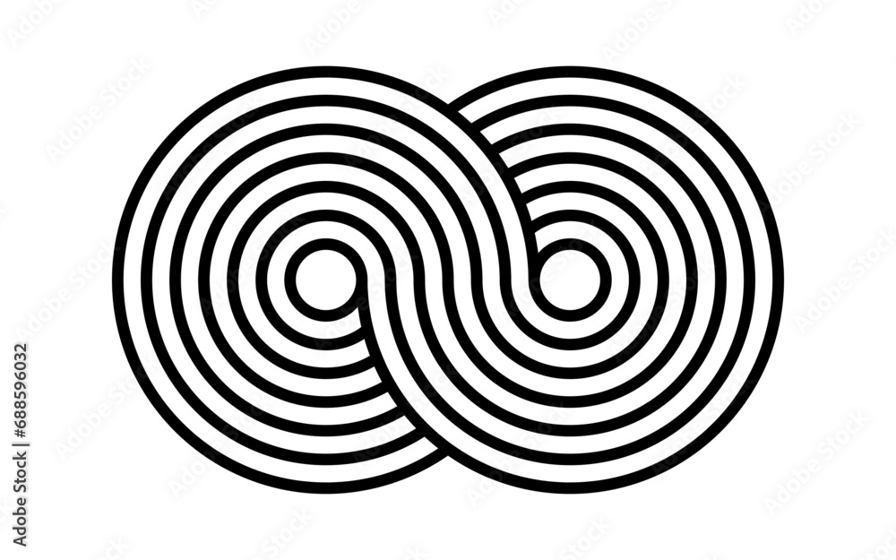 Abstract graphic sign isolated on white background. Infinity symbol. Vector shape with circular effect. Infinity loop symbol in flat style. Graphic design element. Black and white illustration. Abstract graphic sign isolated on white background. Infinity symbol. Vector shape with circular effect. Infinity loop symbol in flat style. Graphic design element. Black and white illustration.
