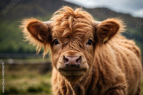 A charming and adorable baby highland cow, autumn color mood, a charming highland cow calf, close up of a calf 