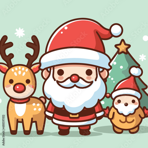Trendy Festive Trio: Santa, deer, snowman. Ideal for postcards and backgrounds. Chic and focused holiday decor with Santa in the spotlight.