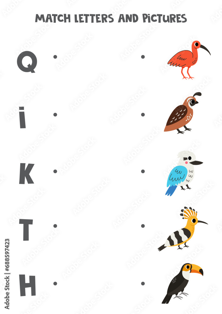 Match alphabet letters and pictures. Logical puzzle for kids. Cute birds. Match alphabet letters and pictures. Logical puzzle for kids. Cute birds.