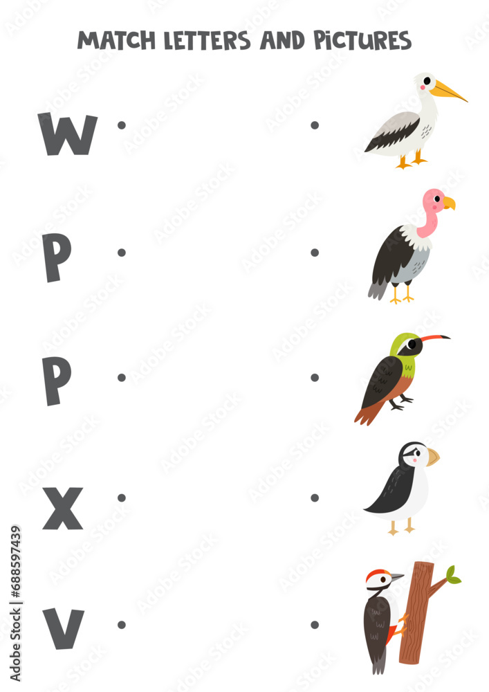 Match alphabet letters and pictures. Logical puzzle for kids. Cute birds.