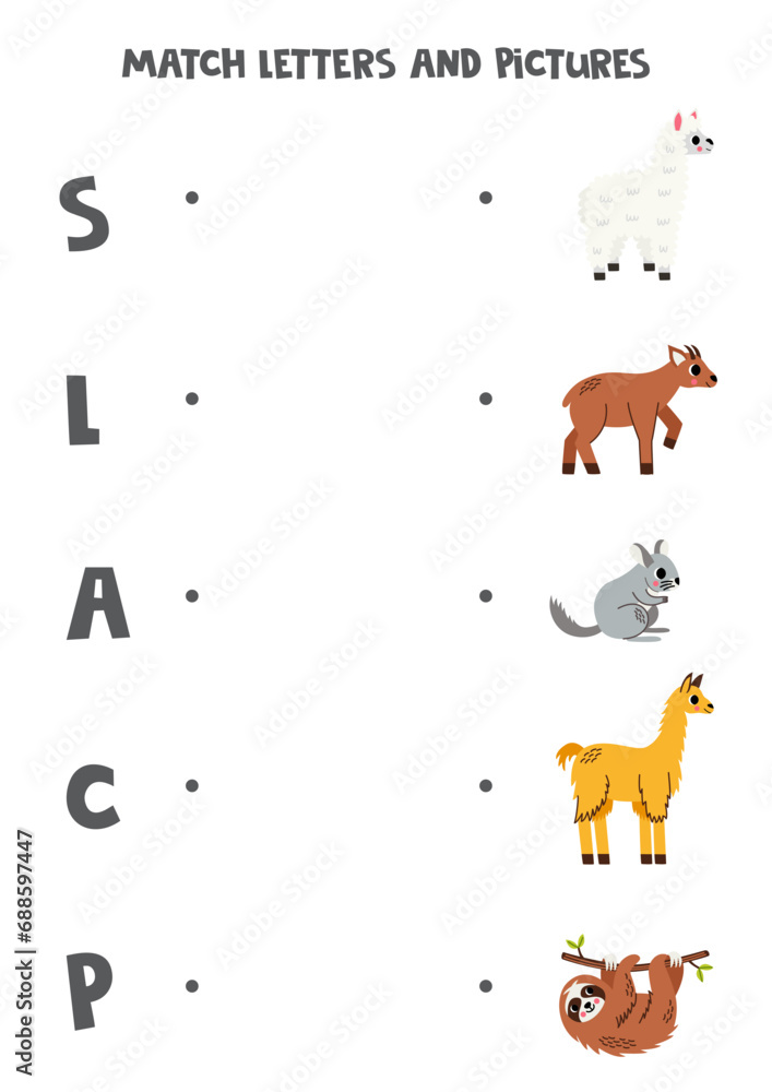 Match alphabet letters and pictures. Logical puzzle for kids. South American animals.