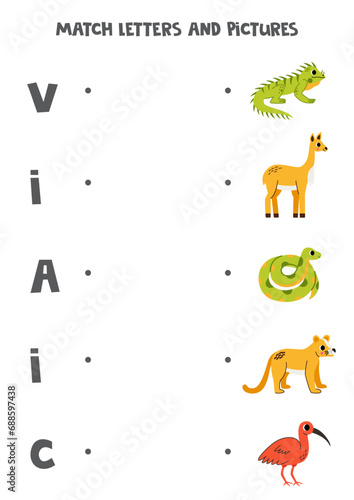 Match alphabet letters and pictures. Logical puzzle for kids. South American animals.