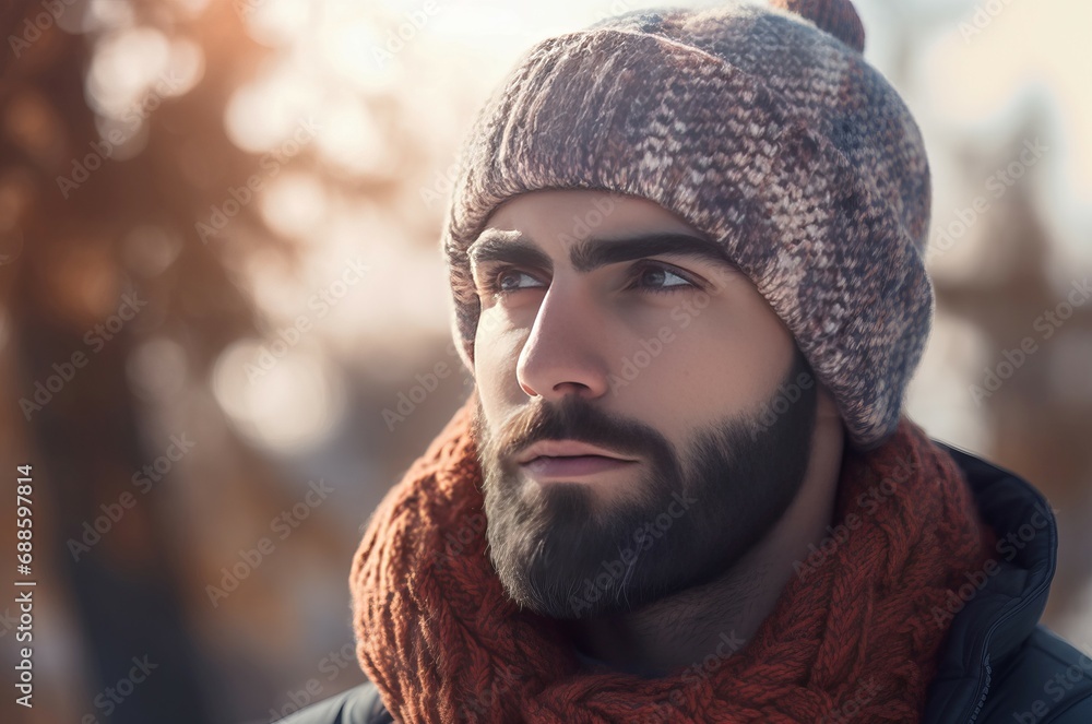 Male model winter warm hat. Male clothing person ornament texture. Generate Ai Male model winter warm hat. Male clothing person ornament texture. Generate Ai