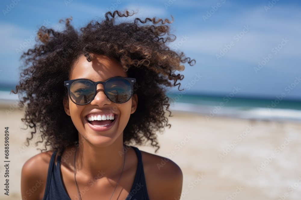 Portrait of young african american woman with curly hair at beach. Smiling black woman walking at the seaside while looking at camera. Happy carefree girl at sea. Portrait of young african american woman with curly hair at beach. Smiling black woman walking at the seaside while looking at camera. Happy carefree girl at sea.