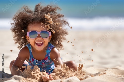 Fototapeta Naklejka Na Ścianę i Meble -  Happy african american girl playing with sand on beach