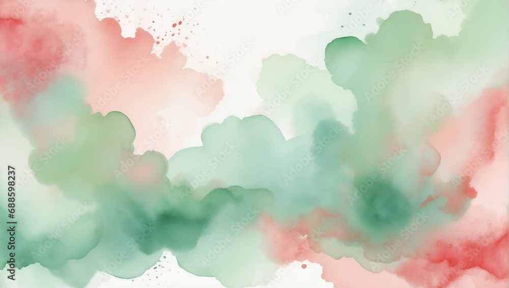 watercolor hand painted background, green and red colors, soft and dreamy
