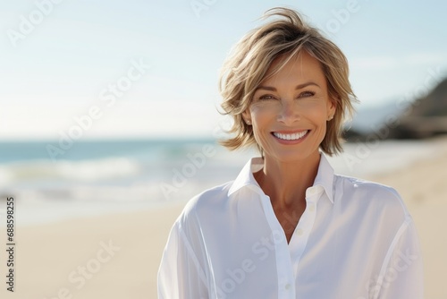 Portrait of beautiful 50-year-old blond woman on the beach photo