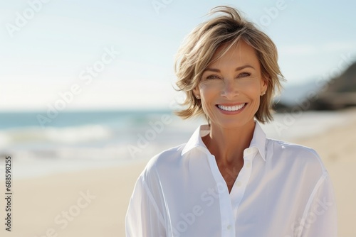 Portrait of beautiful 50-year-old blond woman on the beach