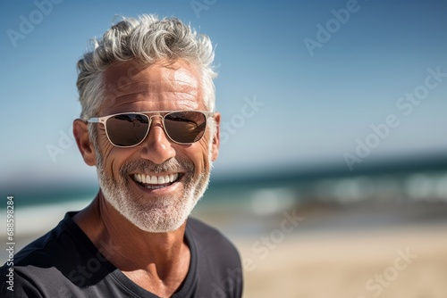Close up portrait of happy middle age man wearing sunglasses standing outside on the beach