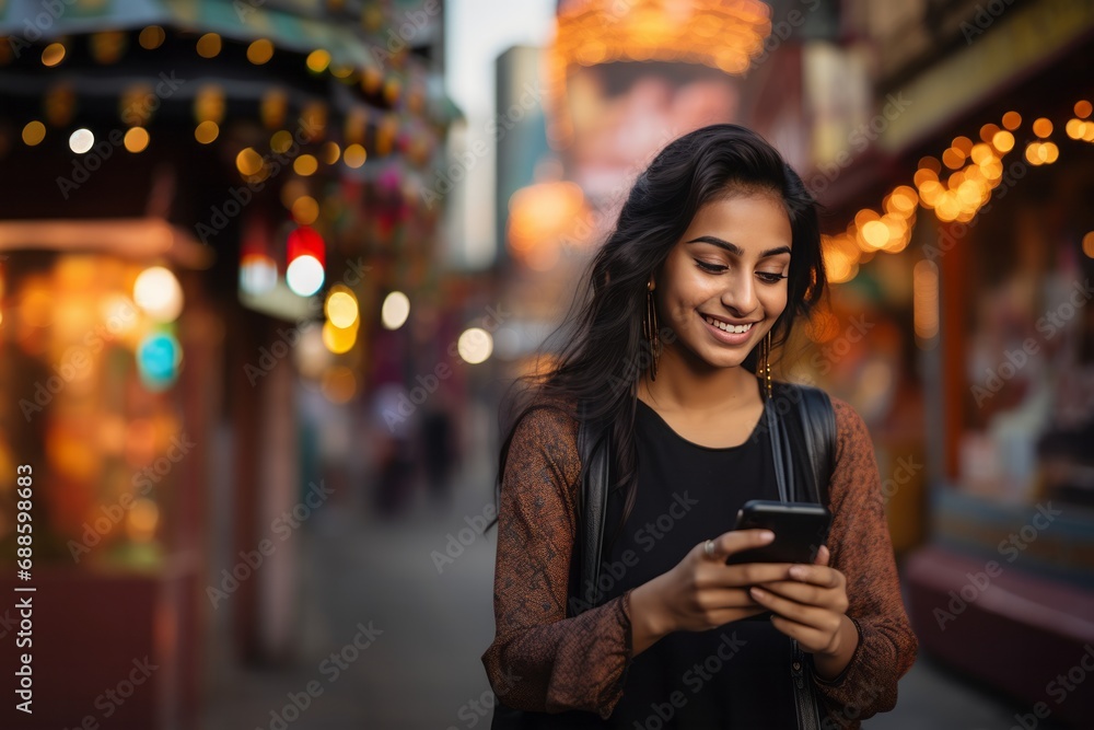 Cheery indian woman using mobile phone while walking through city street - obrazy, fototapety, plakaty 
