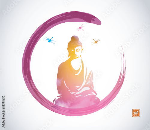 Vector illustration of Buddha in meditation within a vibrant gradient circle, symbolizing peace and enlightenment in watercolor style sumi-e. Translation of hieroglyph - zen