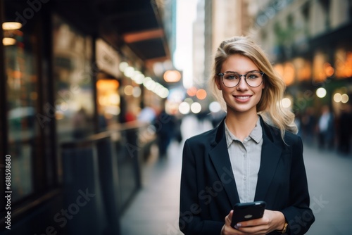 Woman wearing suit texting on the smart phone walking in the street