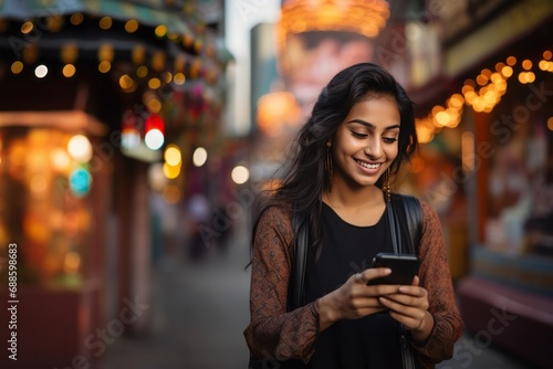 Cheery indian woman using mobile phone while walking through city street photo