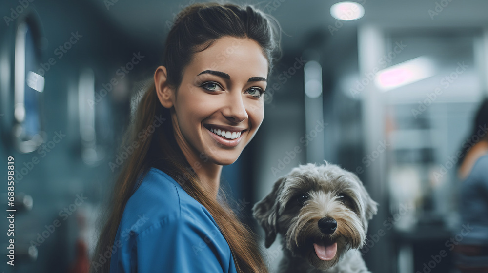 Young vet girl shares joyful moment with playful dog in clinic symbolizes importance of routine checkups for pet health, happy vet woman radiating atmosphere of happiness due pet health - obrazy, fototapety, plakaty 