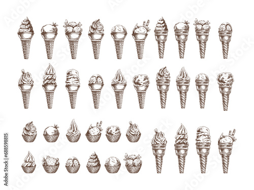 Hand-drawn sketch of a waffle cones and baskets with ice cream or frozen yoghurt. Vintage illustration. Set. Element for labels, packaging and postcards. Sweet food. .