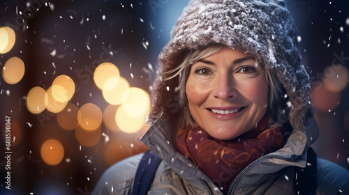Evening portrait of cheerful middle aged woman on winter street illuminated by vibrant night lights surrounded by gently falling snow, snowflakes falling around woman create magical festive atmosphere