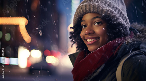 Evening portrait of cheerful middle aged black woman on winter street illuminated by vibrant night lights surrounded by gently falling snow, snowflakes falling around woman create festive atmosphere