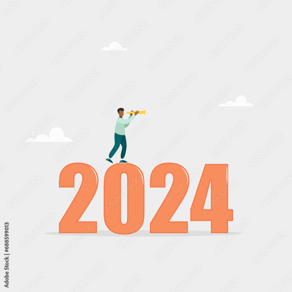 Economic forecast or future vision concept, forecast for 2024. Year review or analysis concept. The guy looks through a telescope. Vector illustration.
