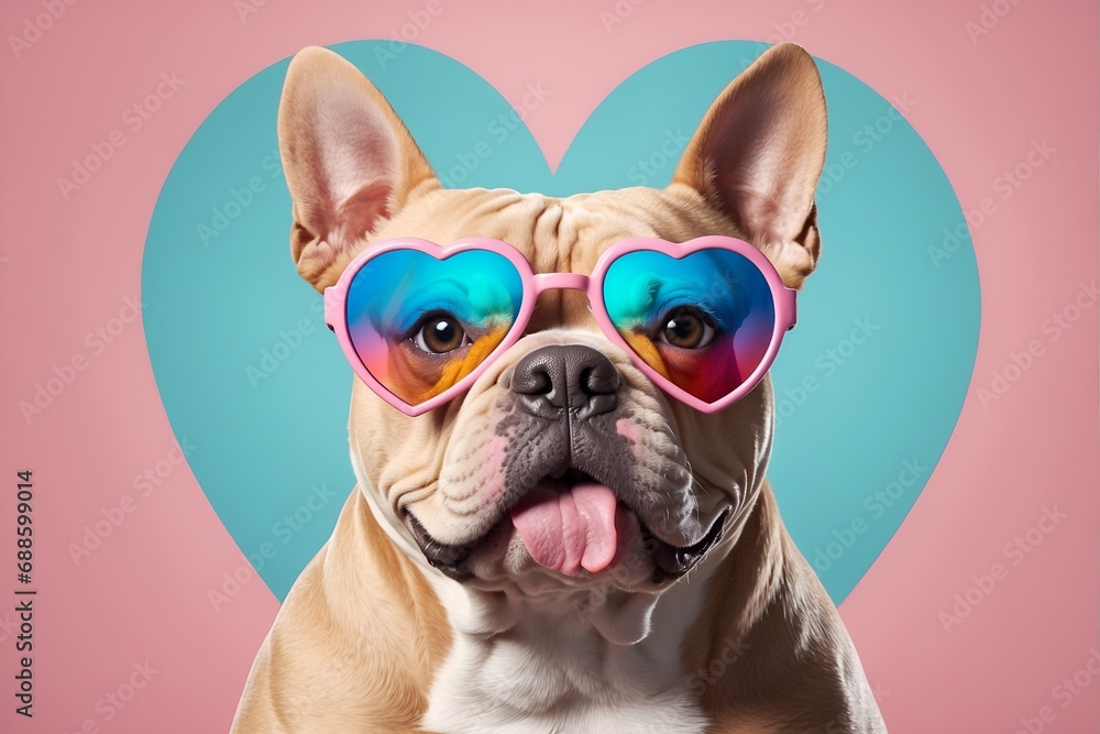 Funny and colorful American Bully dog with sunglasses and a colorful pastel background. Summer vacation concept