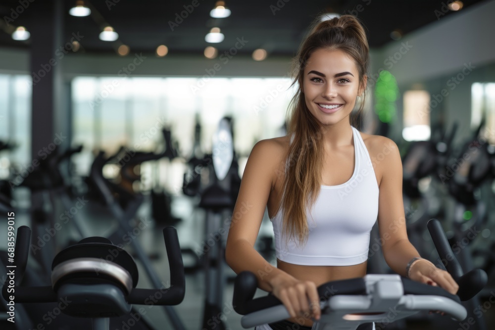 Cycling class in fitness club. Active girl training at sport equipment in the gym. Cycling class in fitness club. Active girl training at sport equipment in the gym.