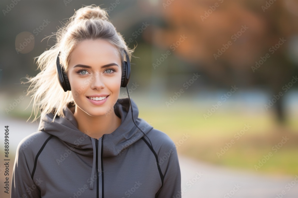 Young blonde sport woman wearing headphones in a park Young blonde sport woman wearing headphones in a park