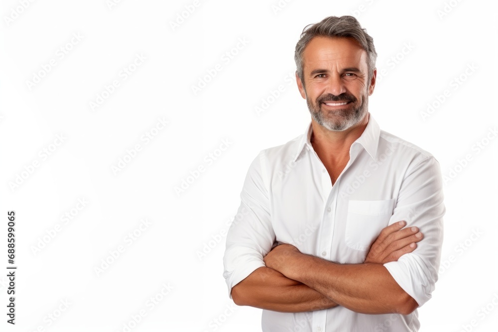 Smiling middle-aged man with folded arms and a deadpan expression posing in front of a white background with copy space Smiling middle-aged man with folded arms and a deadpan expression posing in front of a white background with copy space