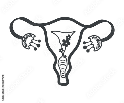Element of menstruation themed set. A schematic representation of the uterus in the style of black outlines emphasizes the importance of caring for women's health. Vector illustration.