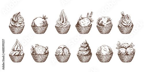 Hand-drawn sketch of ice cream balls, frozen yoghurt in waffle baskets. Set. Vintage illustration. Elements for labels, packaging and postcards. Sweet food..