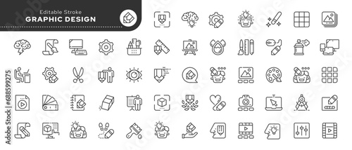 Set of line icons in linear style. Series - Graphic design. Idea and creativity. Software, design and art tools. Outline icon collection. Conceptual pictogram and infographic.