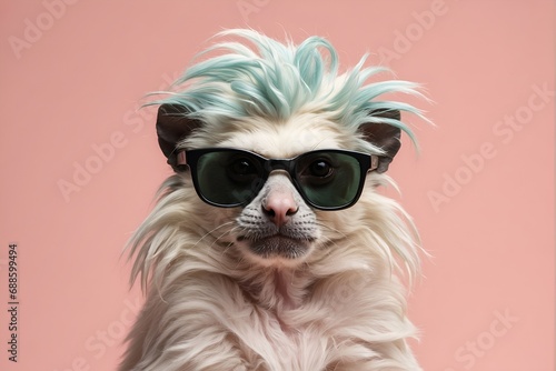 Funny and colorful cottontop tamarin monkey with sunglasses and a colorful pastel background. Summer vacation concept © ArtistiKa