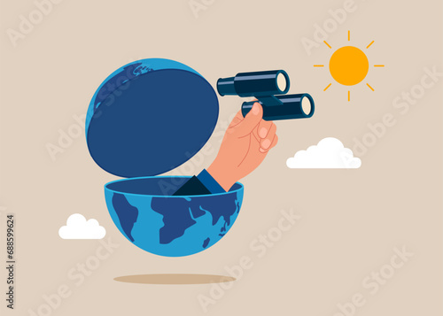 Hand with binoculars looking for future vision. World economic vision. Flat vector illustration