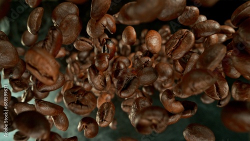 Freeze Motion of Falling Roasted Coffee Beans.