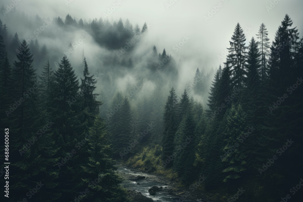 Enigmatic Misty Pines: A Serene Forest Stream at Dawn