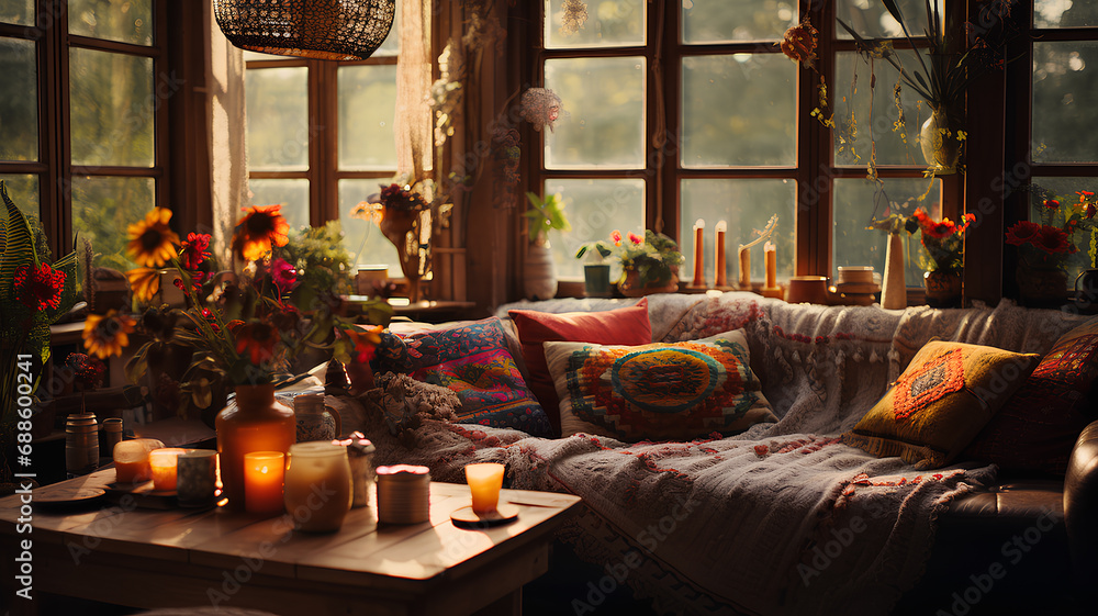 a boho living room interior background. a boho living room interior background.
